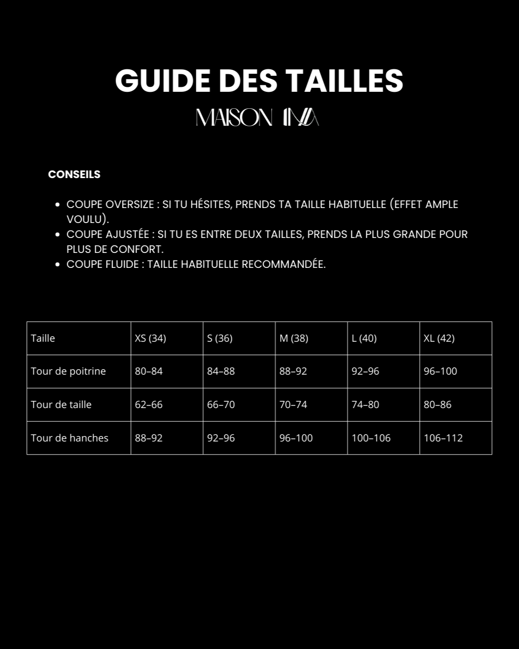 Guide des tailles Maison IMA