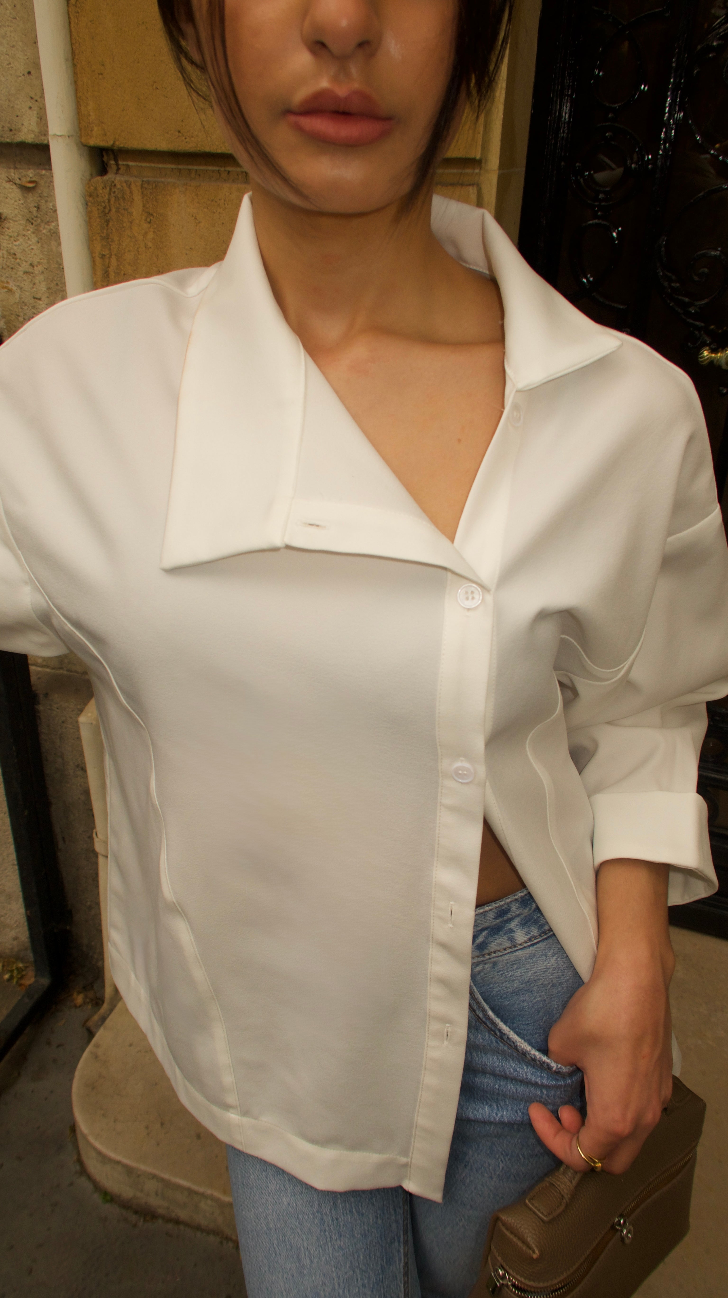 Chemise col montant en popeline blanche