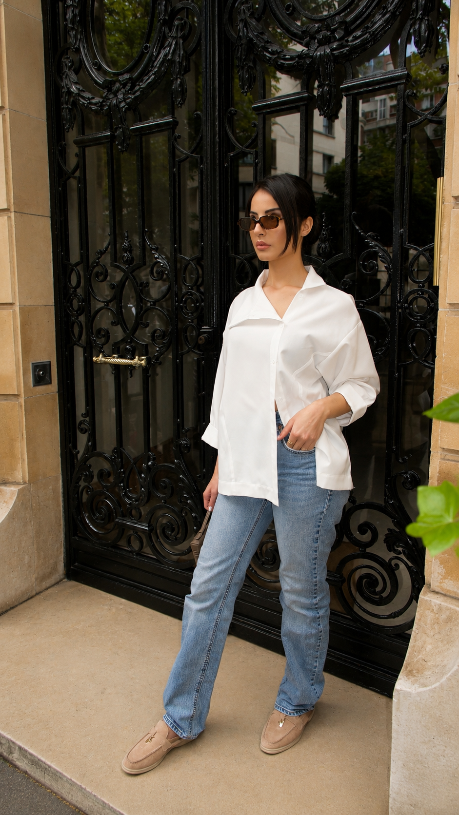 Chemise col montant en popeline blanche