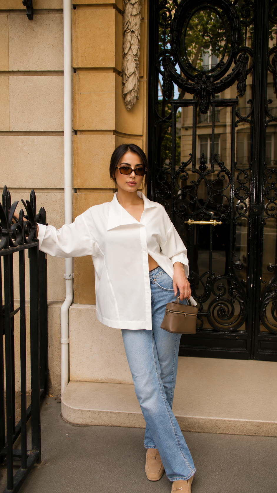 Chemise col montant en popeline blanche