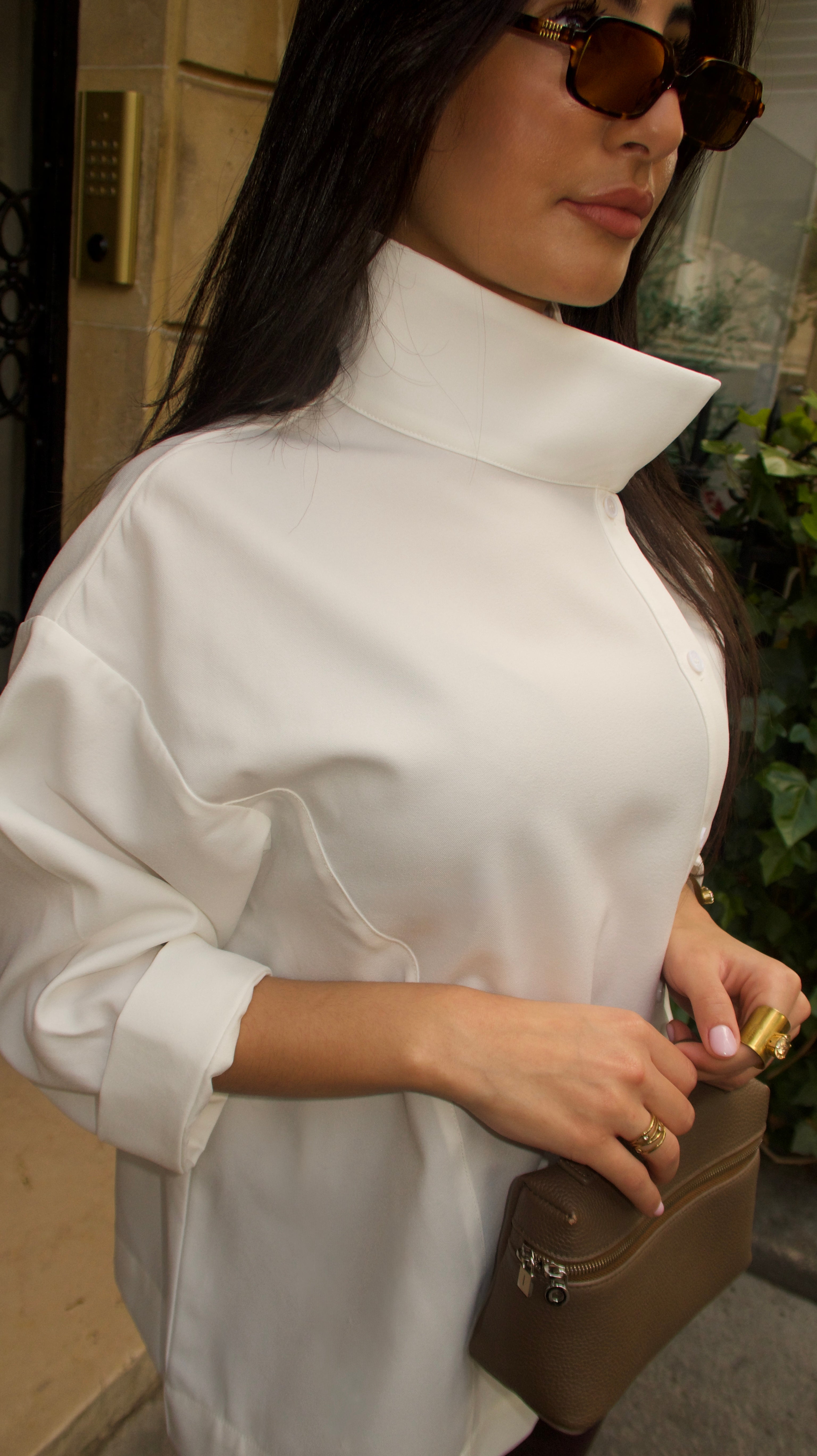 Chemise col montant en popeline blanche