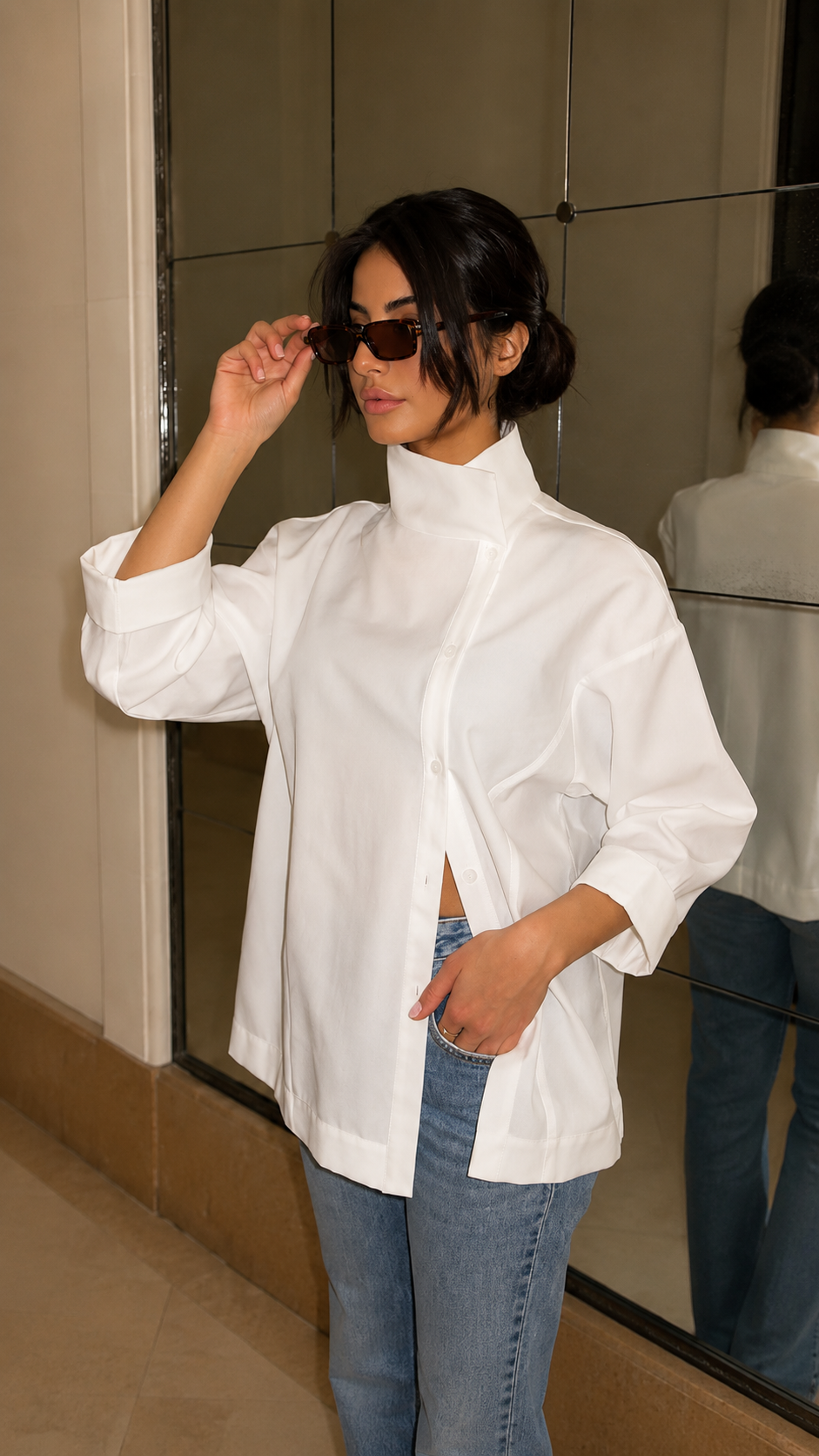 Chemise col montant en popeline blanche